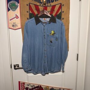 Y2K 2000 Looney Tunes Tweety Bird Denim Button Down Long Sleeve Shirt (L)